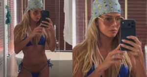 Deborah Secco exibe bronzeado ao posar de biquíni azul