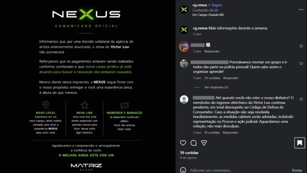 Show Nexus CG é cancelado e fãs cobram reembolso em MS